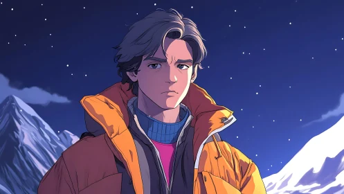 Calm winter traveler gazing at stars in a snowy night sky.