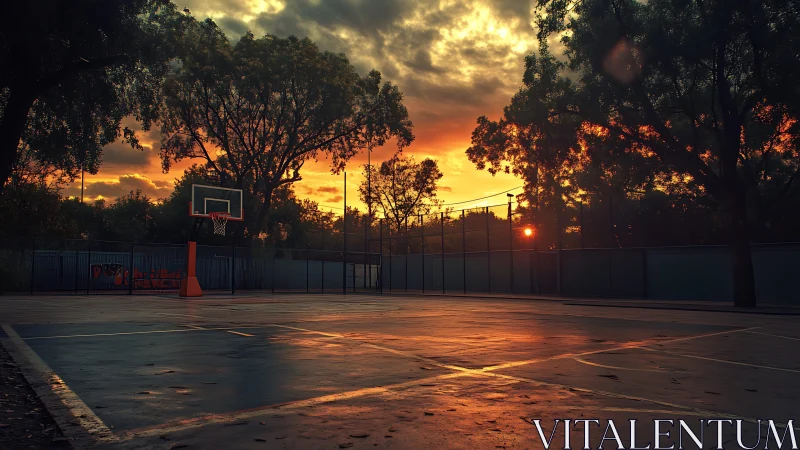 Outdoor basketball court surface reflects intense sunset light