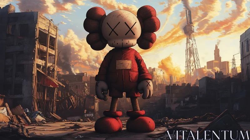 Quiet toy-like wanderer stands in a glowing ruined cityscape