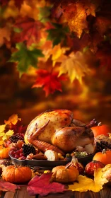 Roasted holiday turkey displayed amid vivid autumn foliage