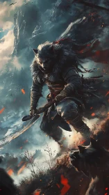 Wolf warrior strides through burning mountain pass