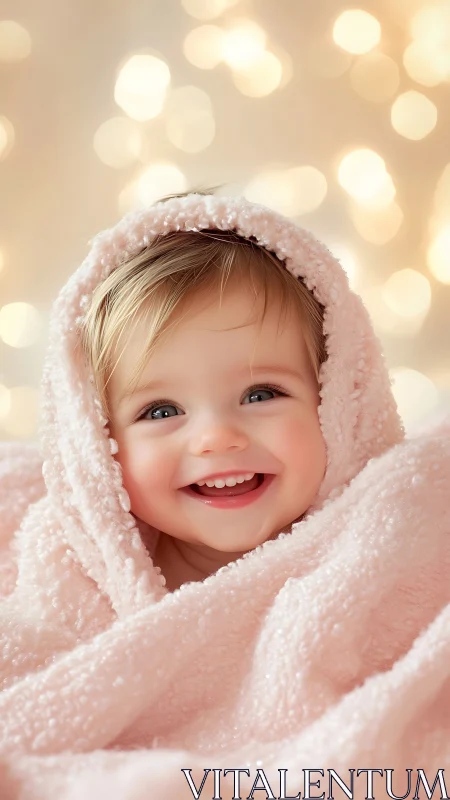 Joyful toddler wrapped in soft pink fabric smiles brightly.