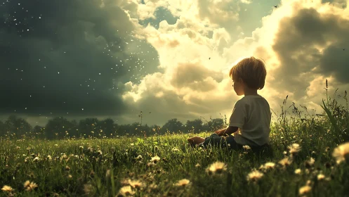 Child seated in meadow under dense clouds and sunlight.