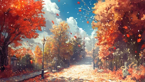 Tree lined autumn pathway under bright sky with falling leaves