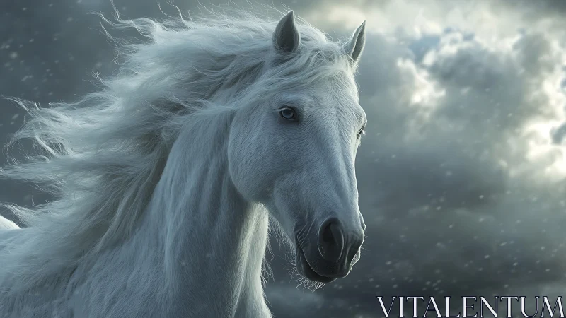 Stormlit white stallion with windswept mane in motion.