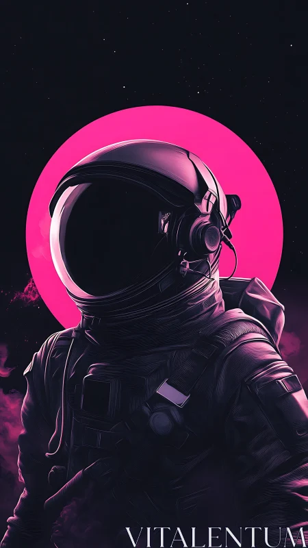 Neon-ringed astronaut silhouette against deep cosmic void.