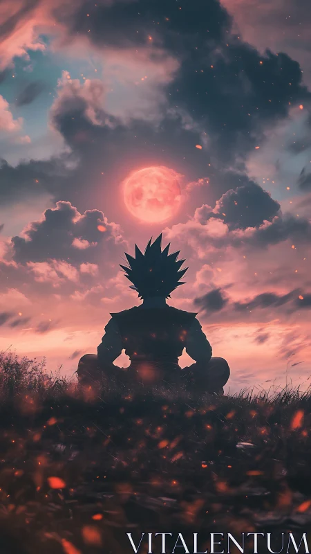 Silhouetted warrior meditates beneath a crimson lunar sky