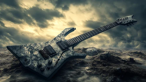 Stormy alien landscape cradles a jagged electric guitar