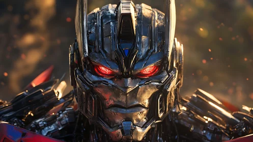 Metallic humanoid robot head with illuminated red eyes.