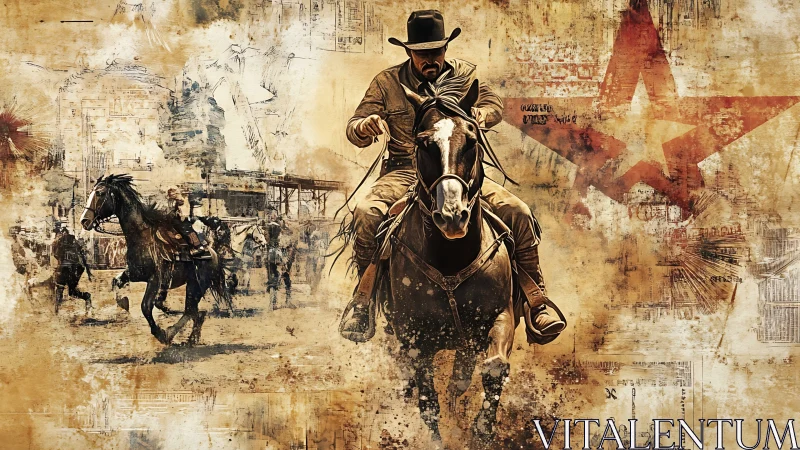 Dynamic cowboy charge rendered in layered sepia digital painting