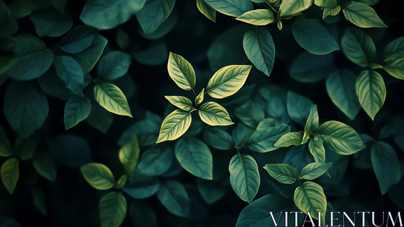 Central young leaves form sharp focal point among dark foliage