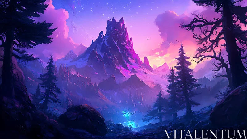 Celestial dusk over enchanted alpine peak and glowing grove.
