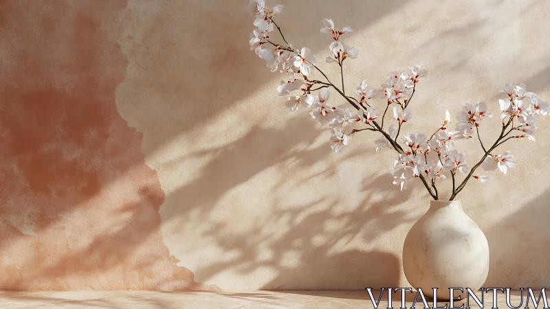 Soft sunlit blossom branches in a minimal clay vase still life.