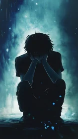 Silhouetted boy crouches in blue light with introspective tension