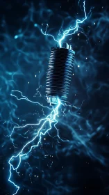 Electrical insulator with blue energy arcs in dark field.