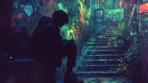 Silhouetted figure in graffiti alley near worn concrete stairs.