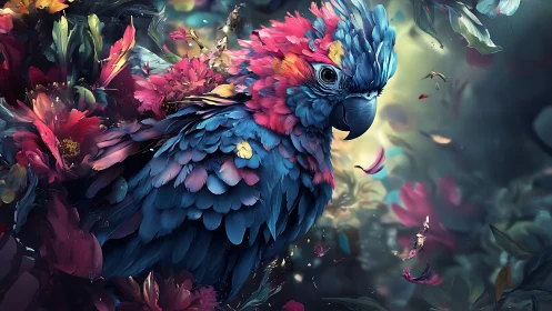Vibrant Parrot Amid Lush Flowers in Dreamlike Digital Art.