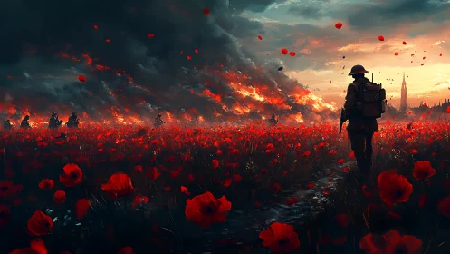 Soldier crossing red poppy field under burning war sky.