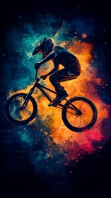 Mountain Biker Erupts Through Chromatic Galaxies.