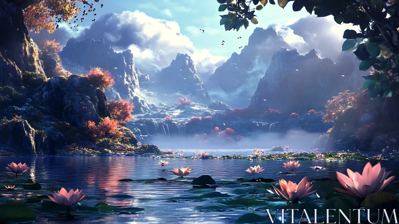 Mountain lake landscape with lotus flowers and waterfalls.