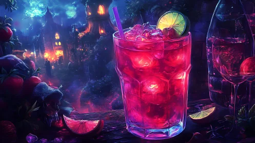 Neon glowing cocktail in cyberpunk fantasy cityscape