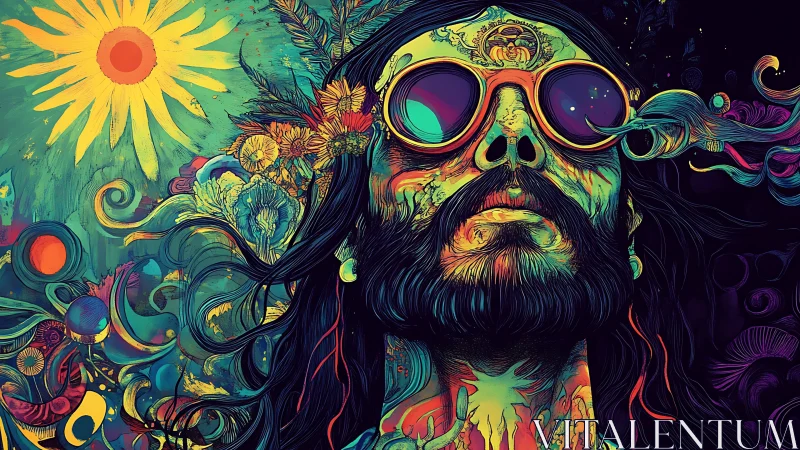 Psychedelic bearded portrait under radiant sunburst sky.