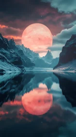 Glacial fjord under oversized red moon with mirrorlike reflection
