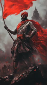 Militarized warrior standard-bearer in crimson atmospheric storm.