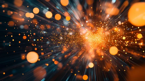 Dynamic burst of glowing orange particles in abstract digital style.