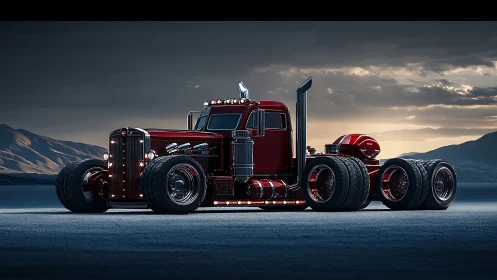 Low-slung custom semi truck with ultra-wide tires at dusk