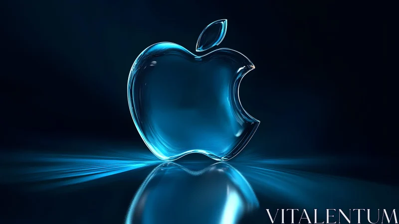 Glass Apple Logo in Futuristic Blue Light Digital Art Style.