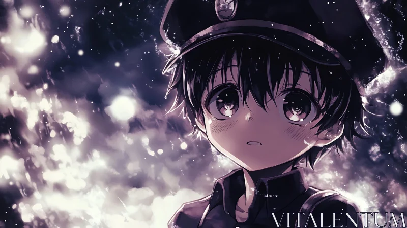 Young anime boy in uniform gazes through glowing night haze