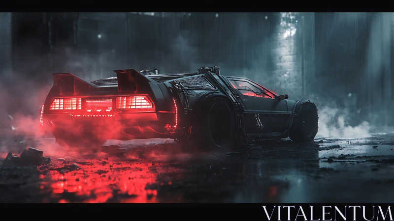 Futuristic sports car in rain with red neon rear lights.