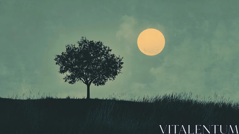 Solitary tree stands against a hazy moonlit evening sky