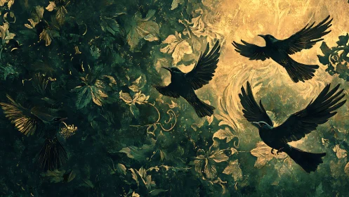 Midnight crows carve bright constellations through gilded leaves