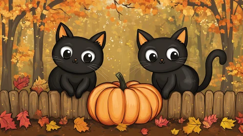 Black Cats and Pumpkin in Autumn Forest. Halloween Scene.