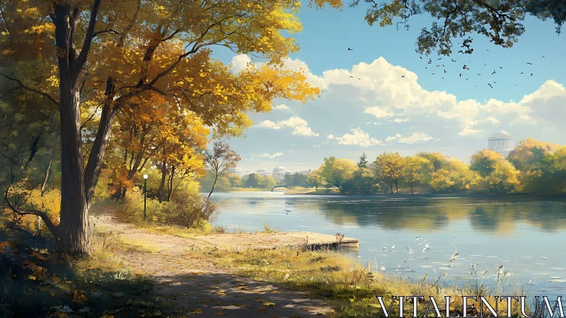 Autumn riverbank stroll catches sunlight between quiet domes