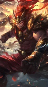 Armored mythic warrior in red amid swirling cloud battle.