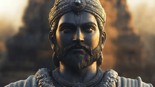 Regal bearded warrior statue with ornate crown at dusk.