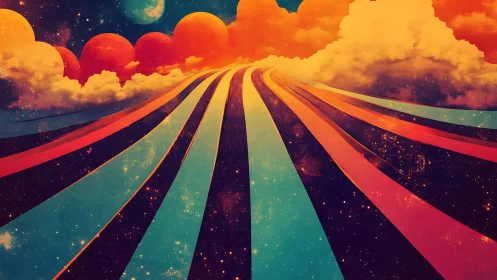 Surreal cosmic highway flows through neon clouds and stars.