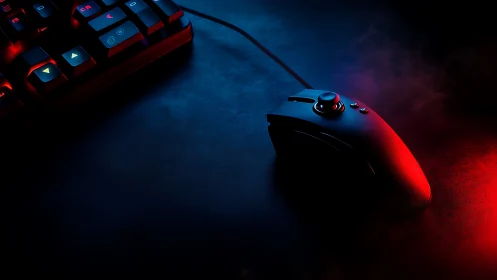 Wired gaming mouse and keyboard in red and blue lighting.