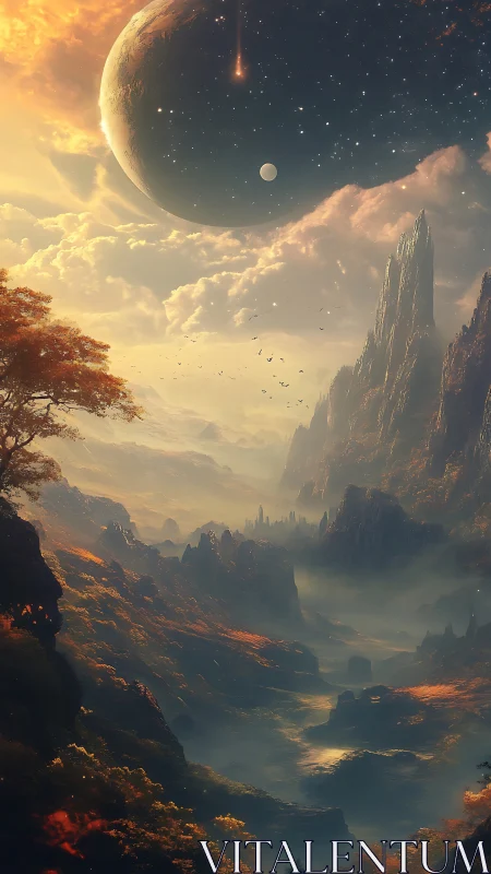 Fantasy digital painting of alien valley under colossal planet.