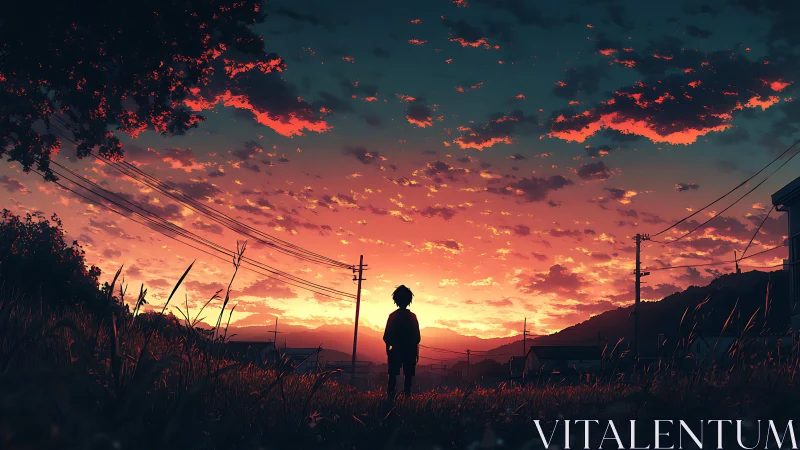 Backlit child silhouette under stratified rural sunset sky.