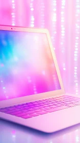 Laptop with neon pink gradient screen on glossy desk.