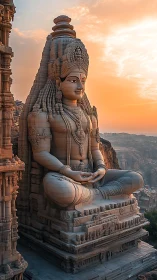 Colossal seated stone deity statue at sunset on cliffside.