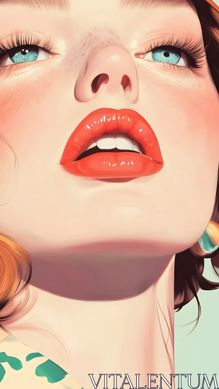 Close-up stylized portrait of woman with glossy red lips.