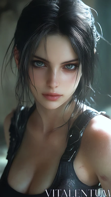 Fierce anime warrior gazes forward in soft cinematic light