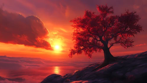 Red tree stands on rocky cliff above vivid sunset sea
