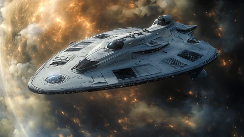 Futuristic starship cruises past glowing planet in deep space