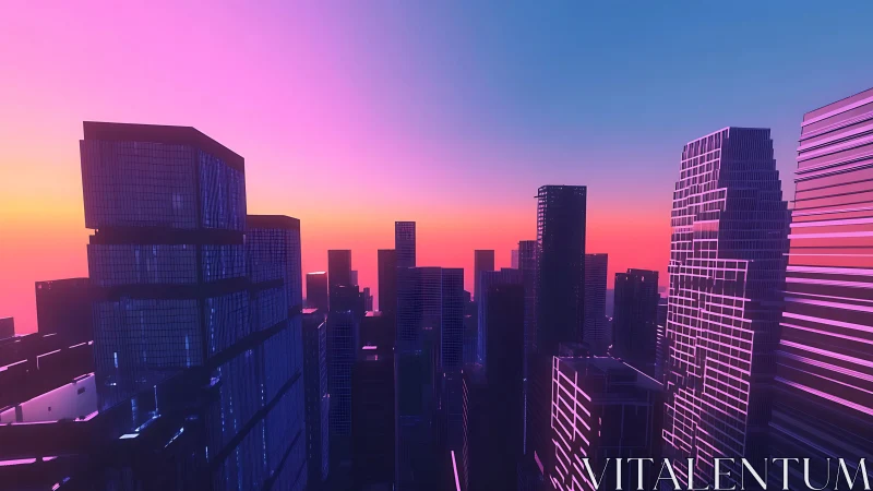 Neon gradient skyline renders high-rise glass volumes at dusk